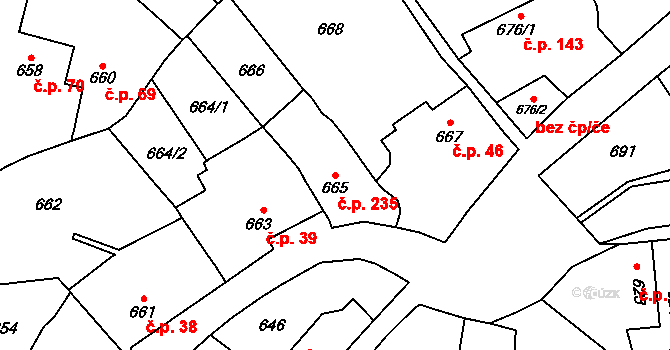Droždín 235, Olomouc na parcele st. 665 v KÚ Droždín, Katastrální mapa