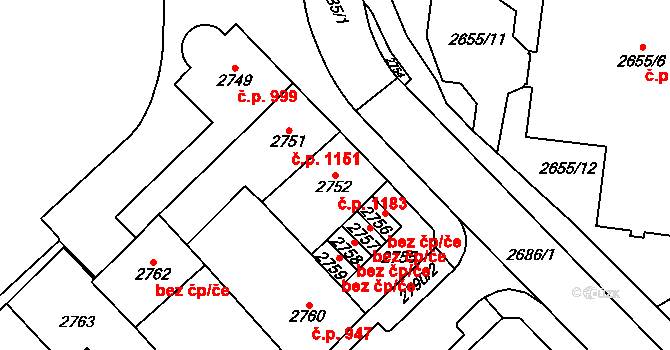 Chomutov 1183 na parcele st. 2752 v KÚ Chomutov I, Katastrální mapa