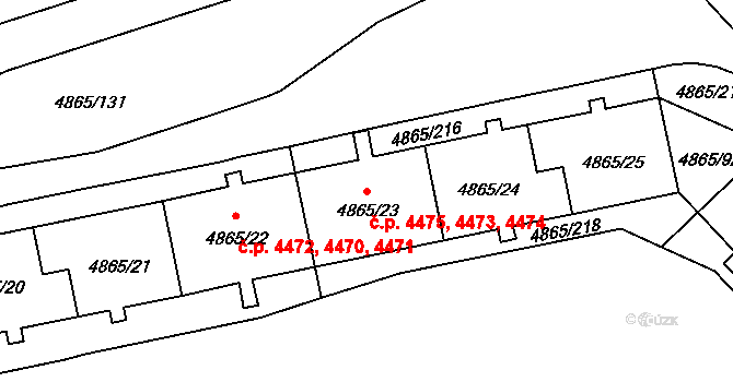 Chomutov 4473,4474,4475 na parcele st. 4865/23 v KÚ Chomutov I, Katastrální mapa