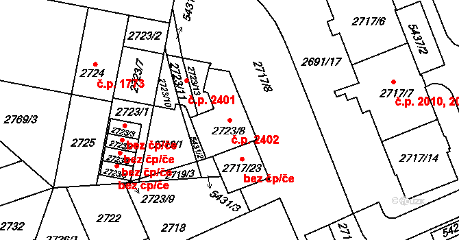 Východní Předměstí 2402, Plzeň na parcele st. 2723/8 v KÚ Plzeň, Katastrální mapa