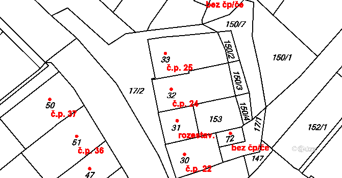 Čechůvky 24, Prostějov na parcele st. 32 v KÚ Čechůvky, Katastrální mapa