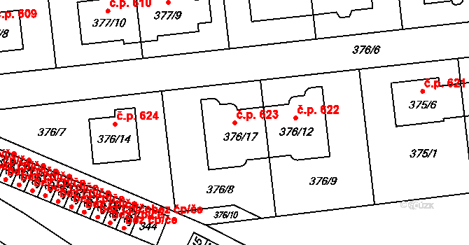 Postřelmov 623 na parcele st. 376/17 v KÚ Postřelmov, Katastrální mapa