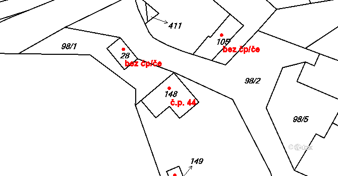 Topělec 44, Čížová na parcele st. 148 v KÚ Topělec, Katastrální mapa