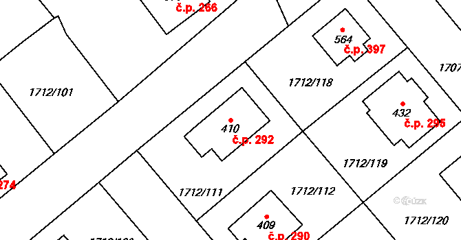Tymákov 292 na parcele st. 410 v KÚ Tymákov, Katastrální mapa