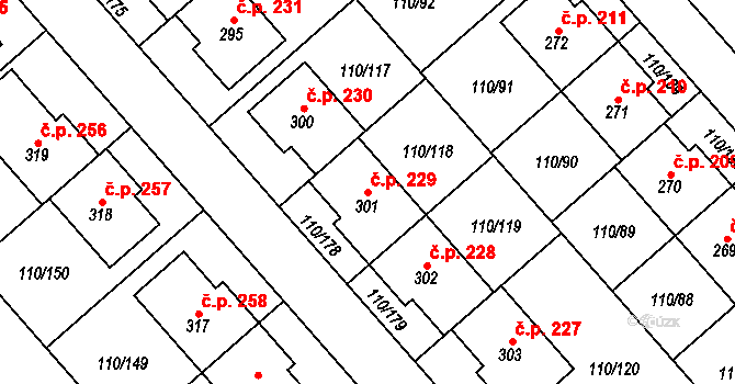 Mratín 229 na parcele st. 301 v KÚ Mratín, Katastrální mapa