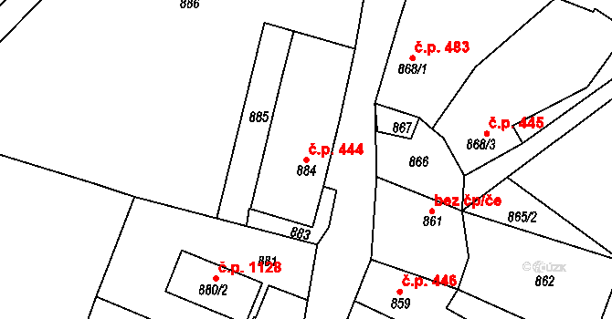 Jemnice 444 na parcele st. 884 v KÚ Jemnice, Katastrální mapa