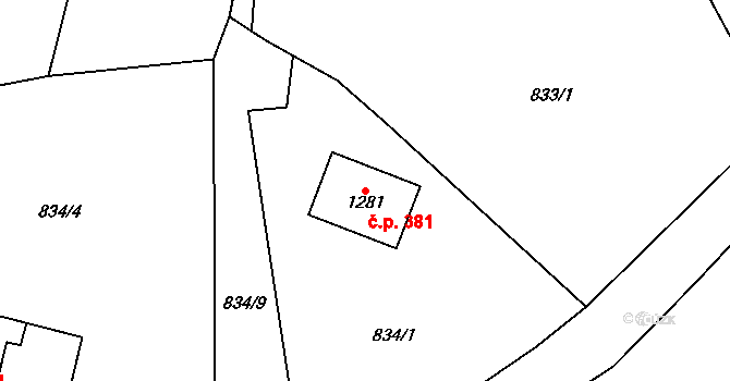 Háje 381, Cheb na parcele st. 1281 v KÚ Háje u Chebu, Katastrální mapa