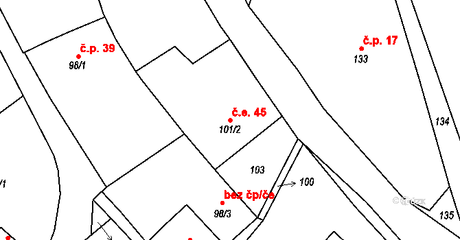 Smědčice 45 na parcele st. 101/2 v KÚ Smědčice, Katastrální mapa