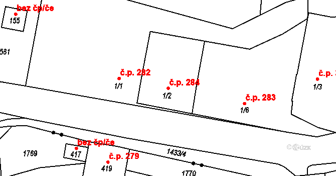 Pilníkov 284 na parcele st. 1/2 v KÚ Pilníkov II, Katastrální mapa