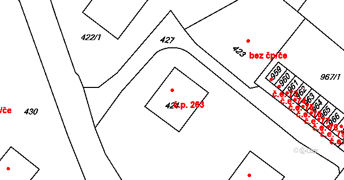 Hvozdná 263 na parcele st. 424 v KÚ Hvozdná, Katastrální mapa