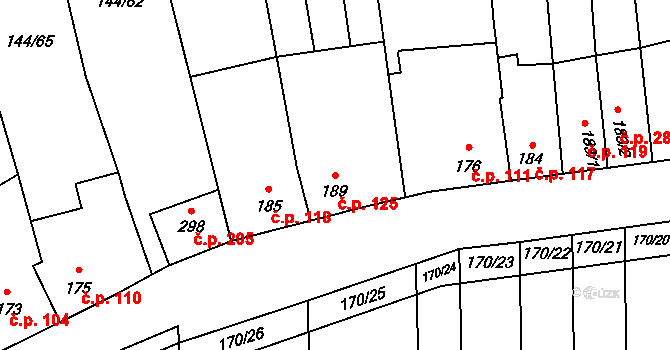 Louky 125, Zlín na parcele st. 189 v KÚ Louky nad Dřevnicí, Katastrální mapa
