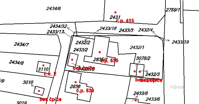 Protivín 536 na parcele st. 2835/1 v KÚ Protivín, Katastrální mapa
