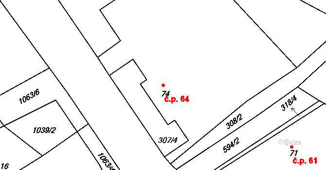 Hrušová 64 na parcele st. 74 v KÚ Hrušová, Katastrální mapa