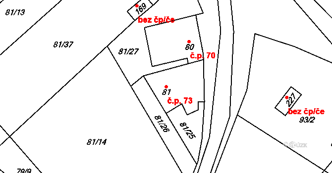 Zeměchy 73, Kralupy nad Vltavou na parcele st. 81 v KÚ Zeměchy u Kralup nad Vltavou, Katastrální mapa