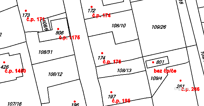 Rudná 176 na parcele st. 174 v KÚ Dušníky u Rudné, Katastrální mapa