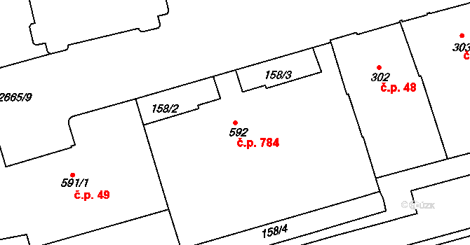 Zelené Předměstí 784, Pardubice na parcele st. 592 v KÚ Pardubice, Katastrální mapa