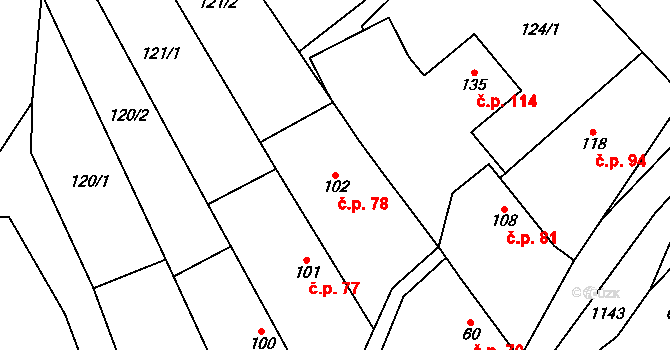 Hrabová 78 na parcele st. 102 v KÚ Hrabová u Dubicka, Katastrální mapa