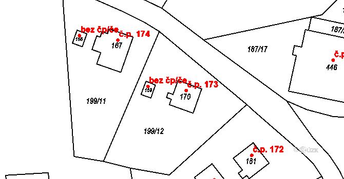 Roztoky 173 na parcele st. 170 v KÚ Roztoky u Křivoklátu, Katastrální mapa