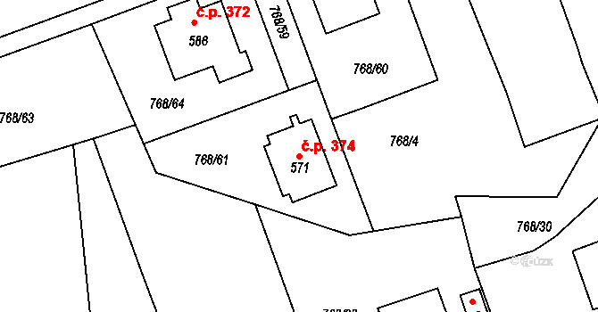 Merklín 374 na parcele st. 571 v KÚ Merklín u Přeštic, Katastrální mapa