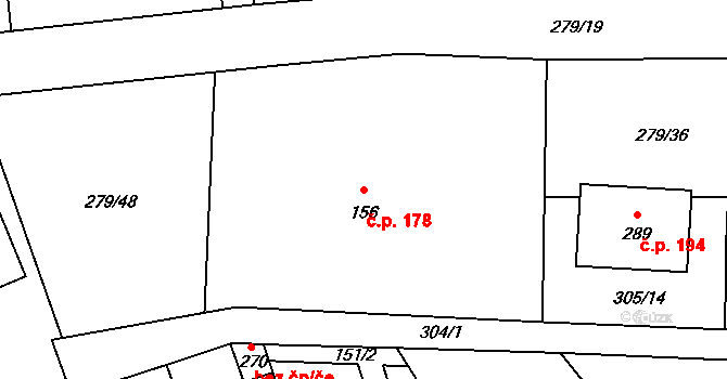 Měcholupy 178 na parcele st. 156 v KÚ Měcholupy u Žatce, Katastrální mapa