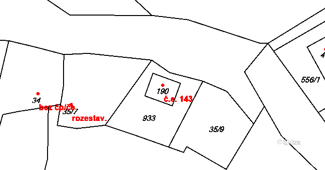 Radotín 143, Chyše na parcele st. 190 v KÚ Radotín u Chyší, Katastrální mapa