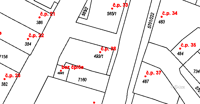 Hrádek 38 na parcele st. 493/1 v KÚ Hrádek u Znojma, Katastrální mapa