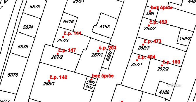 Hrušovany nad Jevišovkou 203 na parcele st. 267/1 v KÚ Hrušovany nad Jevišovkou, Katastrální mapa