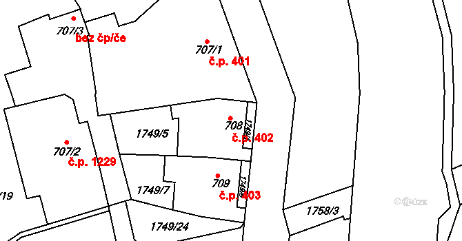 Čáslav-Nové Město 402, Čáslav na parcele st. 708 v KÚ Čáslav, Katastrální mapa