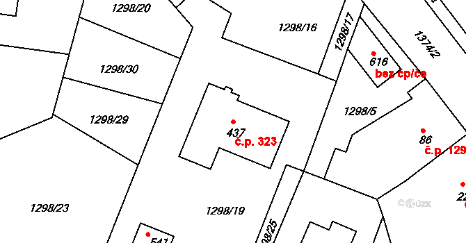 Doksy 323 na parcele st. 437 v KÚ Doksy u Kladna, Katastrální mapa