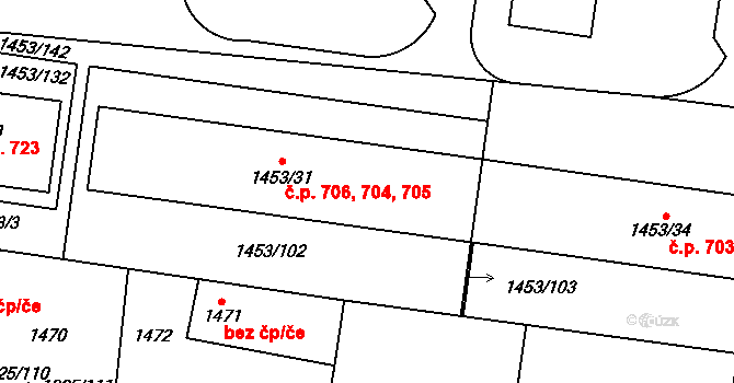 Kosmonosy 704 na parcele st. 1453/31 v KÚ Kosmonosy, Katastrální mapa