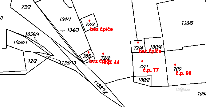 Hluboš 44 na parcele st. 72/2 v KÚ Hluboš, Katastrální mapa