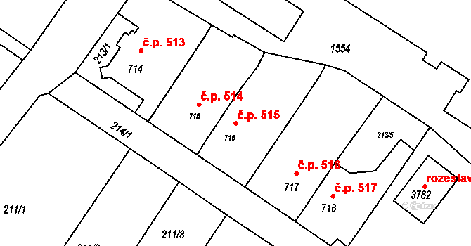 Rožnov pod Radhoštěm 515 na parcele st. 716 v KÚ Rožnov pod Radhoštěm, Katastrální mapa