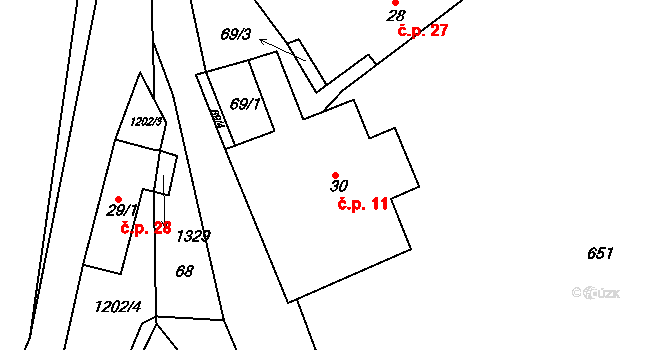 Vlásenice 11, Pelhřimov na parcele st. 30 v KÚ Vlásenice u Pelhřimova, Katastrální mapa