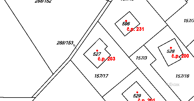 Jevany 203 na parcele st. 527 v KÚ Jevany, Katastrální mapa