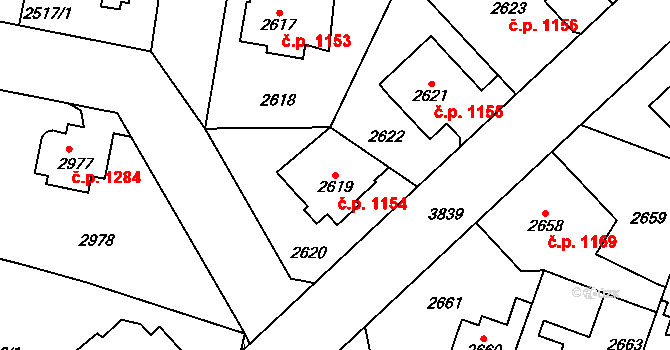 Horní Počernice 1154, Praha na parcele st. 2619 v KÚ Horní Počernice, Katastrální mapa