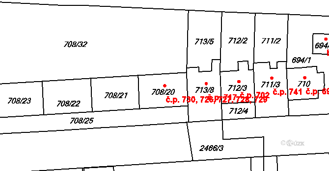 Hloubětín 726,727,728,729,730, Praha na parcele st. 708/24 v KÚ Hloubětín, Katastrální mapa
