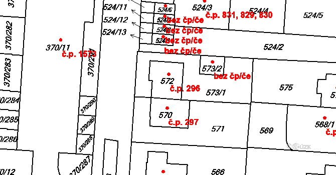 Hostivař 296, Praha na parcele st. 572 v KÚ Hostivař, Katastrální mapa
