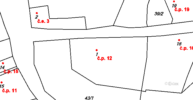 Mezihoří 12, Petrovice na parcele st. 1 v KÚ Mezihoří u Týnčan, Katastrální mapa