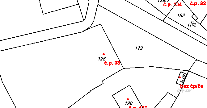 Topolany 33, Olomouc na parcele st. 128 v KÚ Topolany u Olomouce, Katastrální mapa