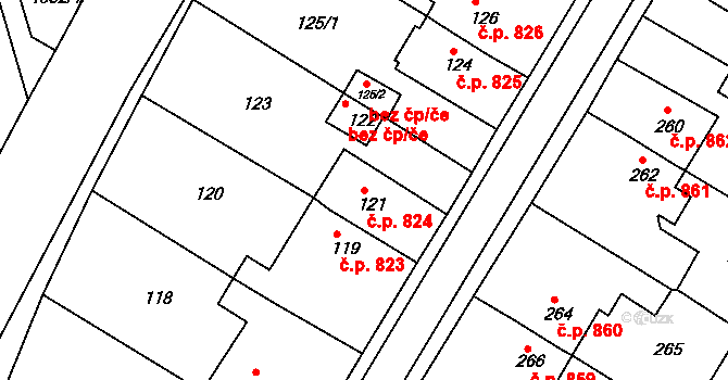 Jirkov 824 na parcele st. 121 v KÚ Jirkov, Katastrální mapa