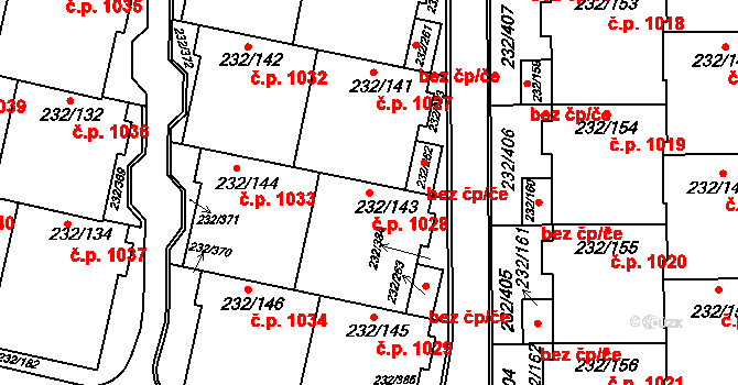 Lobzy 1028, Plzeň na parcele st. 232/143 v KÚ Lobzy, Katastrální mapa