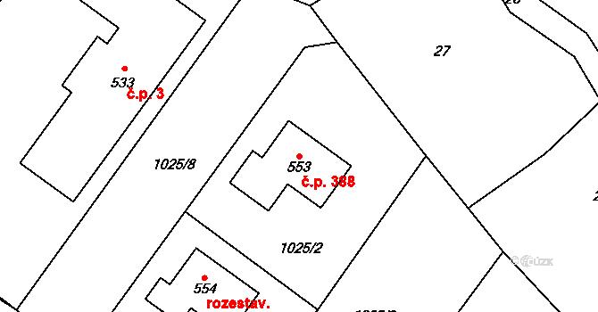 Lomnice 388 na parcele st. 553 v KÚ Lomnice u Tišnova, Katastrální mapa