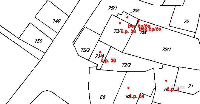Jestřabí 30, Fulnek na parcele st. 73/4 v KÚ Jestřabí u Fulneku, Katastrální mapa
