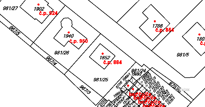 Votice 884 na parcele st. 1852 v KÚ Votice, Katastrální mapa