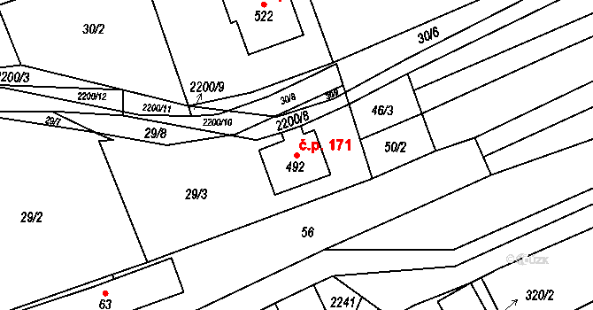 Študlov 171 na parcele st. 492 v KÚ Študlov, Katastrální mapa