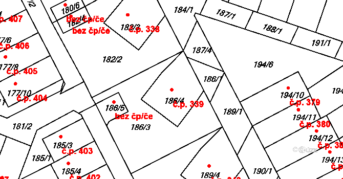Pokratice 339, Litoměřice na parcele st. 186/4 v KÚ Pokratice, Katastrální mapa