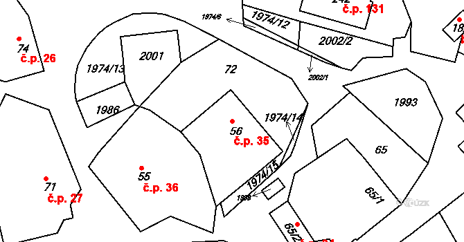 Kladná Žilín 35, Luhačovice na parcele st. 56 v KÚ Kladná Žilín, Katastrální mapa