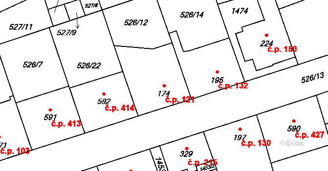 Prštné 121, Zlín na parcele st. 174 v KÚ Prštné, Katastrální mapa
