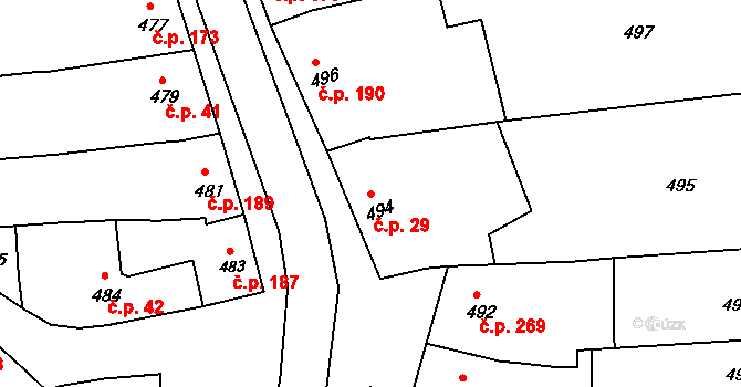Kobeřice u Brna 29 na parcele st. 494 v KÚ Kobeřice u Brna, Katastrální mapa