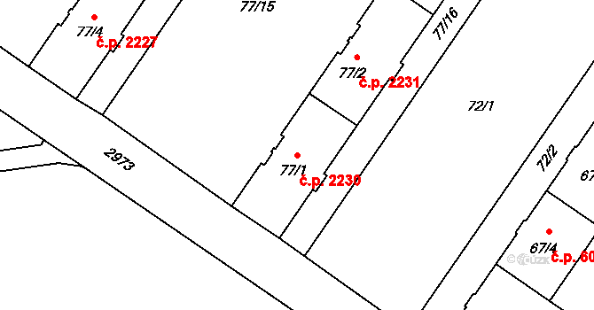 Předměstí 2230, Opava na parcele st. 77/1 v KÚ Opava-Předměstí, Katastrální mapa